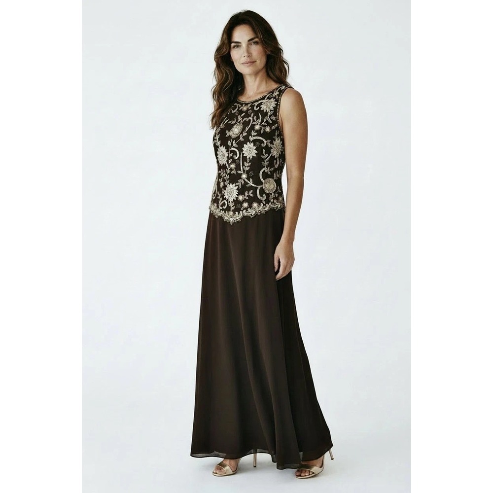 Jakara New York Evening Gown Vintage Dark Brien Beaded Bodice Sleeveless 12